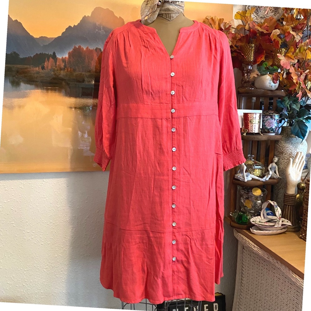 J. Jill Button Front Dress Coastal Linen Blend Womens XS Coral Pink Midi 3/4